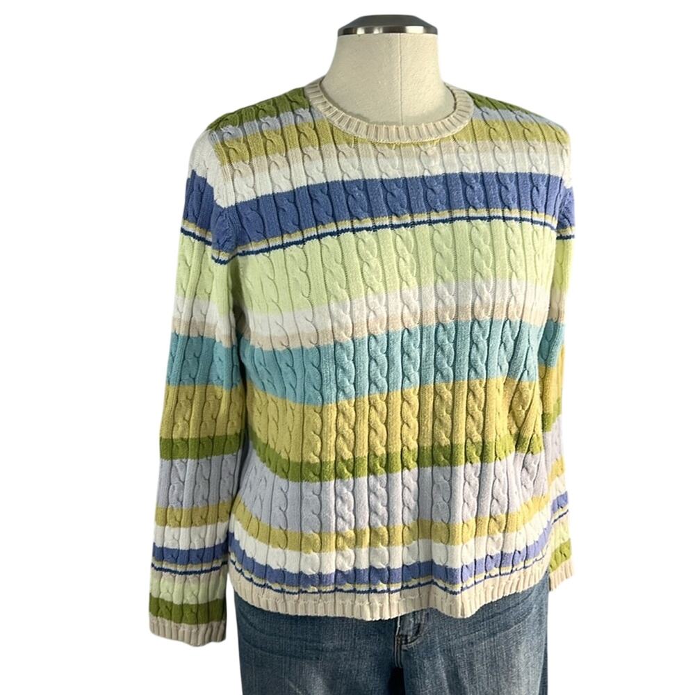 Valerie Stevens cotton cable knit striped crew neck cotton long sleeve sweater L
